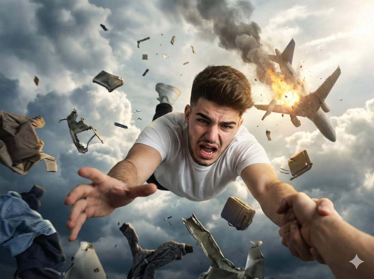 高空坠落者与伸手求援者的戏剧性场景