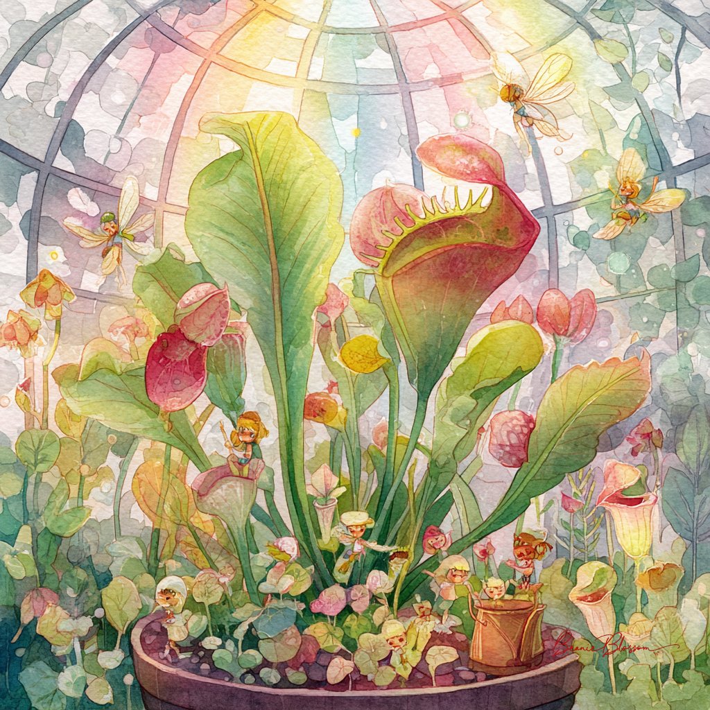 魔幻屋顶温室花园水彩插画