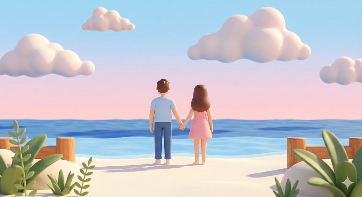 海边情侣超现实主义3D渲染