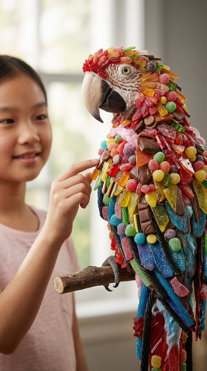 一致软糖鹦鹉与亚洲小女孩互动摄影