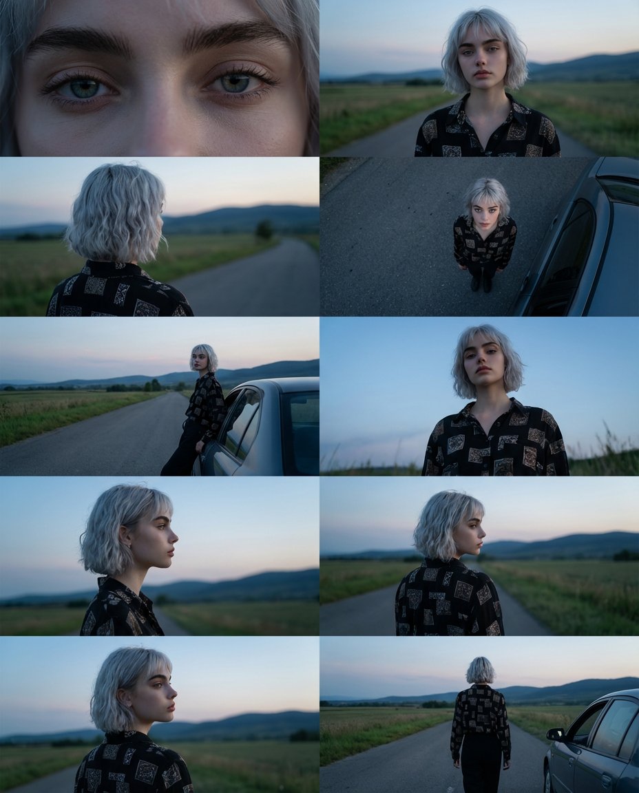 空旷乡村道路上的银发年轻女子