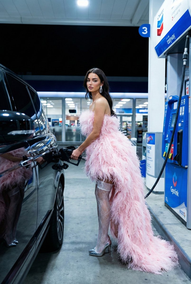 夜晚加油站少女