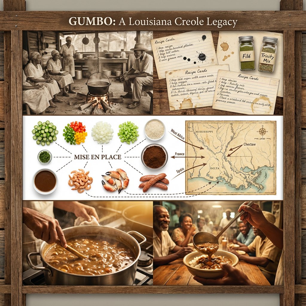 路易斯安那克里奥尔 gumbo 的烹饪遗产板