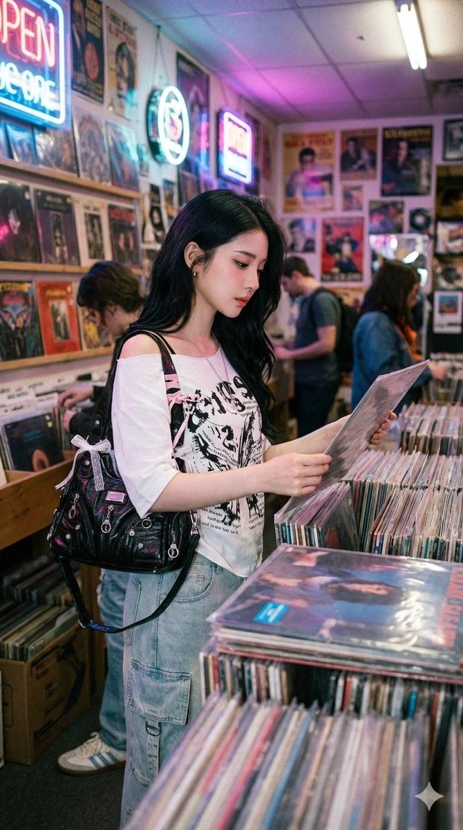 年轻东亚女性在复古唱片店