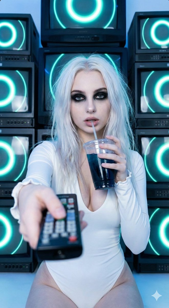 淡妆哥特女孩与复古电视墙