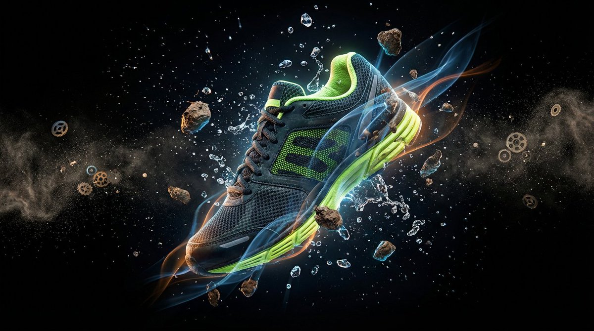 倾斜的产品，周围有飞溅和动态元素，背景为黑色，使用背光照明，两侧有飞行元素，高分辨率，超逼真摄影风格，焦点锐利，超高清晰度图像