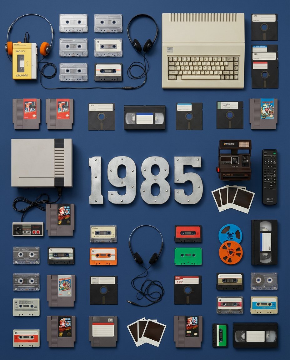 1985年发明与配件平铺摄影