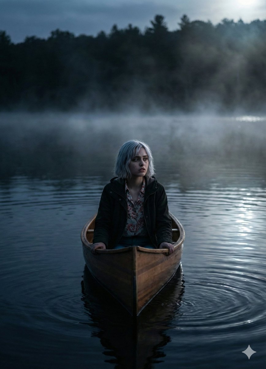 上传照片中的成年女性独自坐在小木筏上的图像