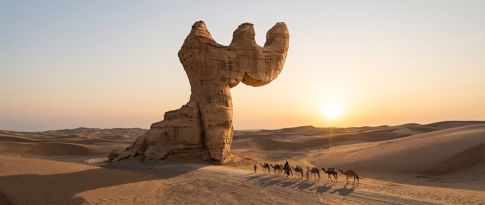 古代沙岩巨石，自然侵蚀成波斯数字三的形状，沙漠景观中骆驼商队