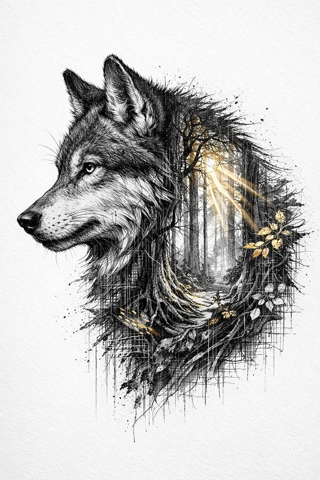 水墨风格双曝光狼肖像