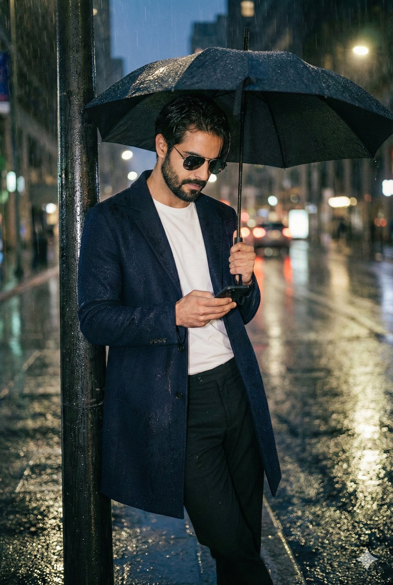 街头雨夜肖像：冷静自信