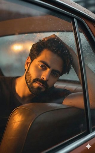 雨夜复古车内男子肖像