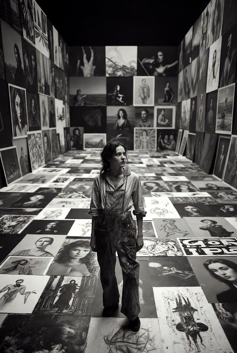 文艺女性艺术家在艺术画廊中沉思