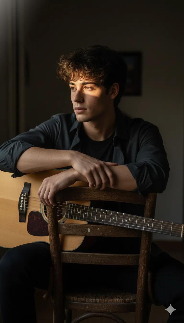 Contemplative Young Man with Acoustic Guitar
