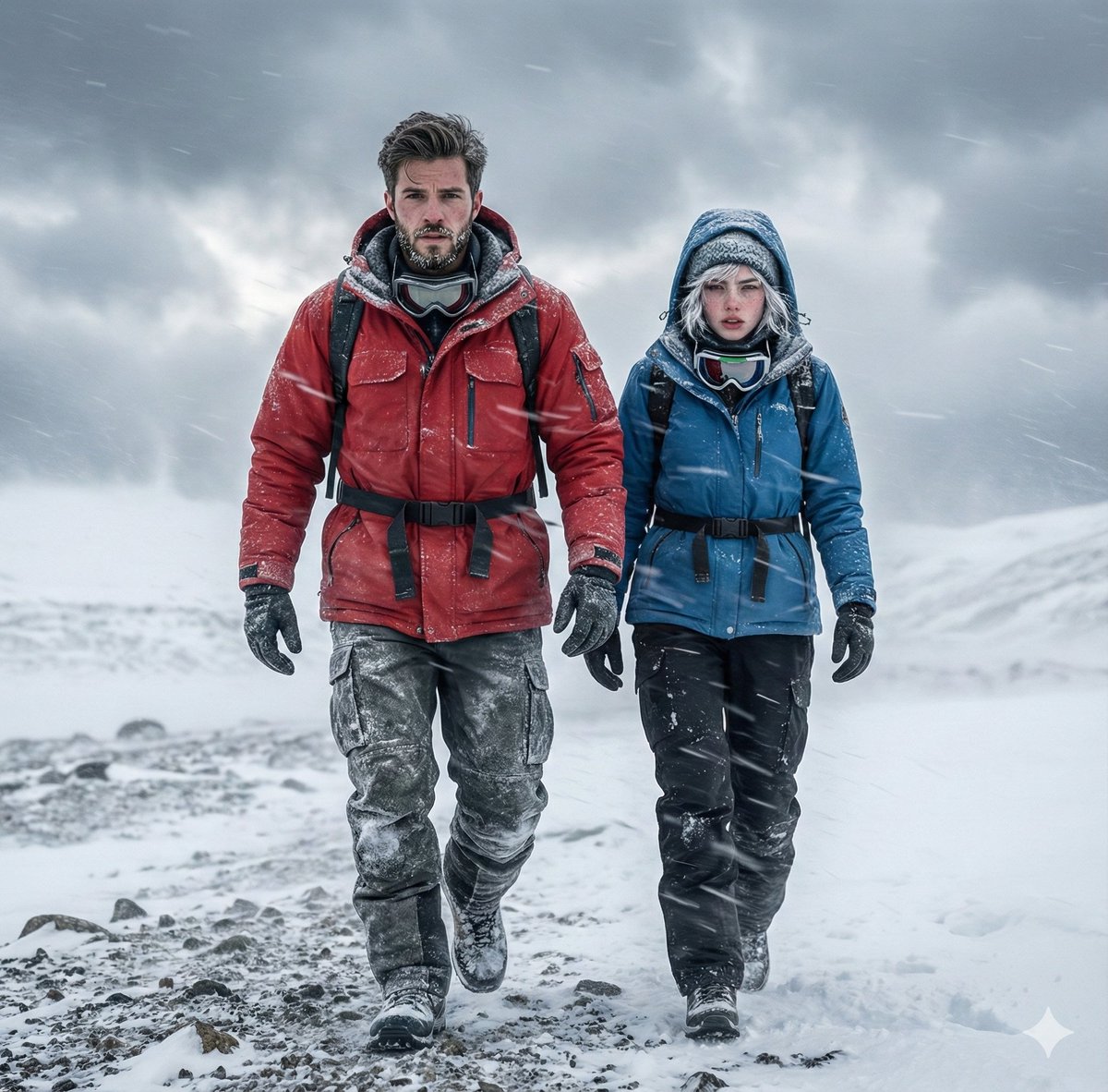 阿拉斯加雪暴中穿生存装备的情侣