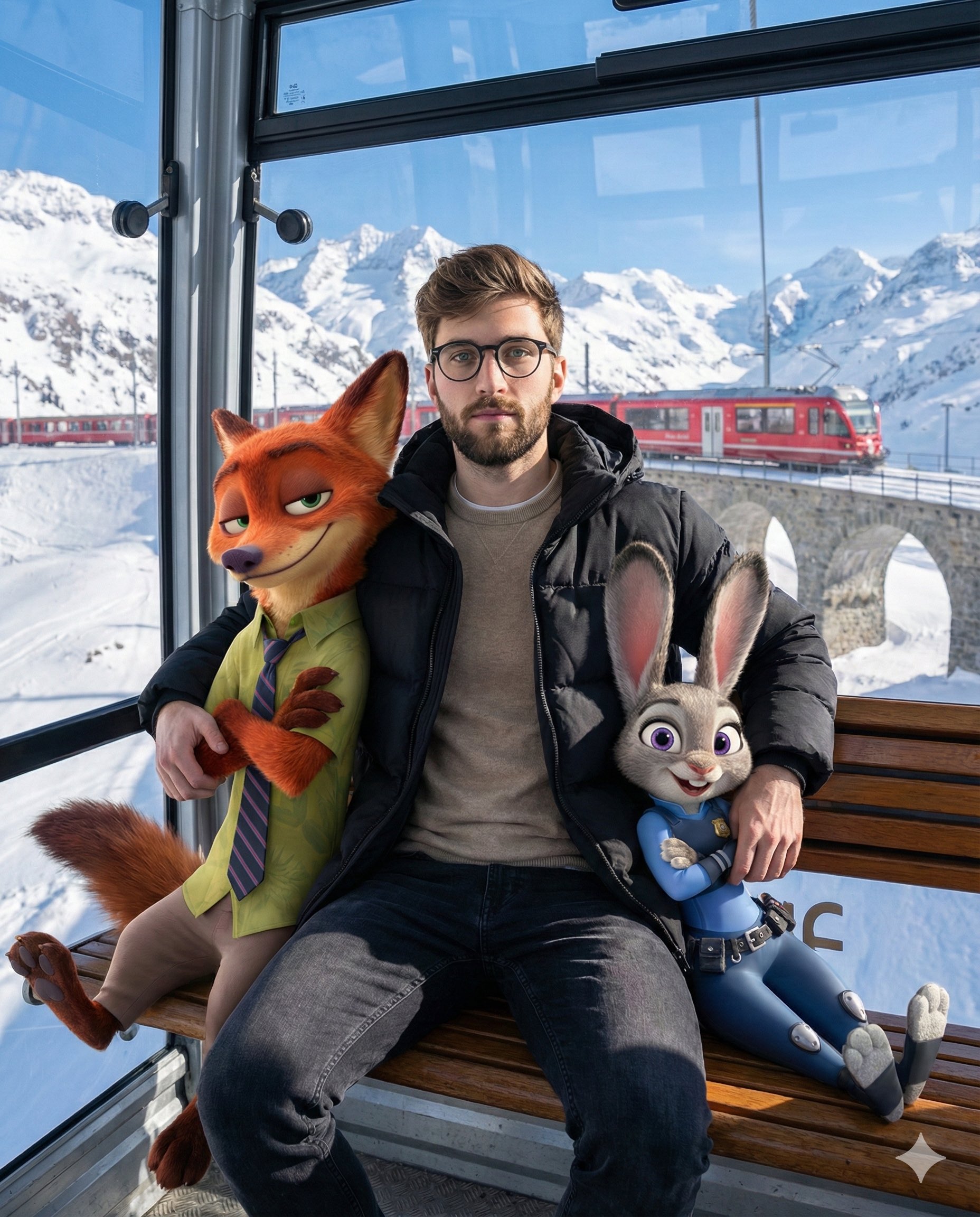 瑞士阿尔卑斯山脉玻璃缆车内温馨冬日场景