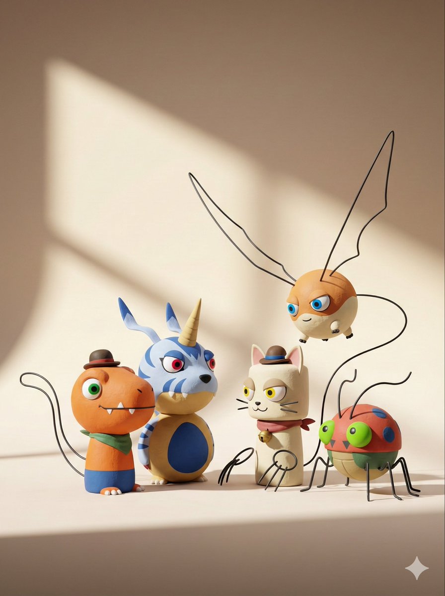 设计师玩具风格动物黏土/素烧陶摆件群像