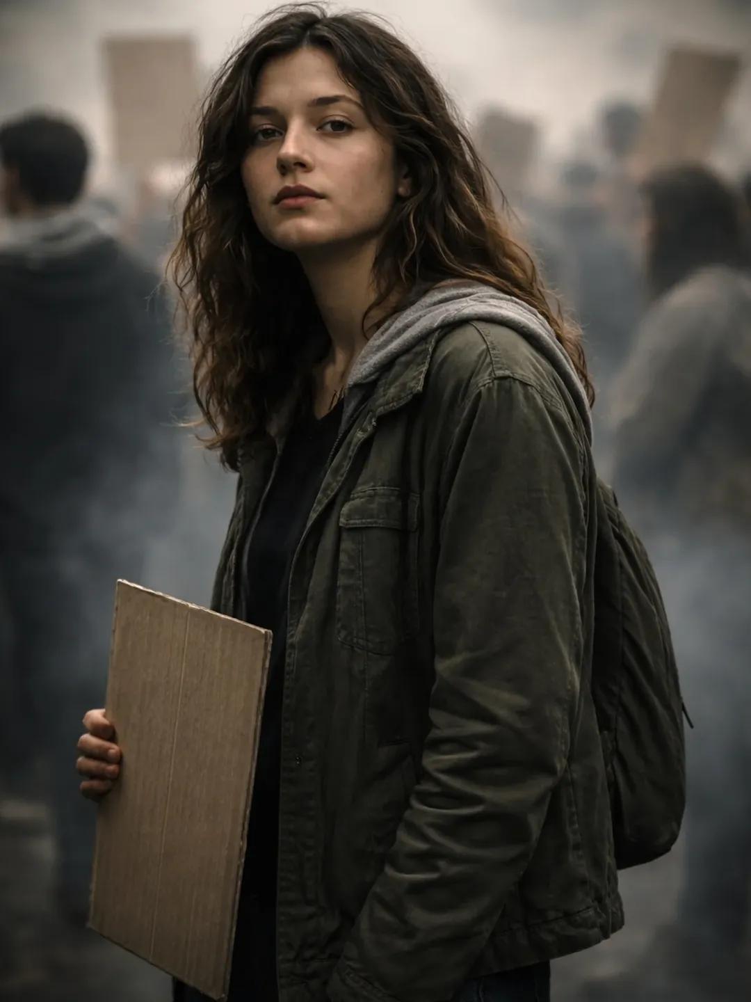 纪实风格肖像：年轻女性在社会运动中的坚韧与决心