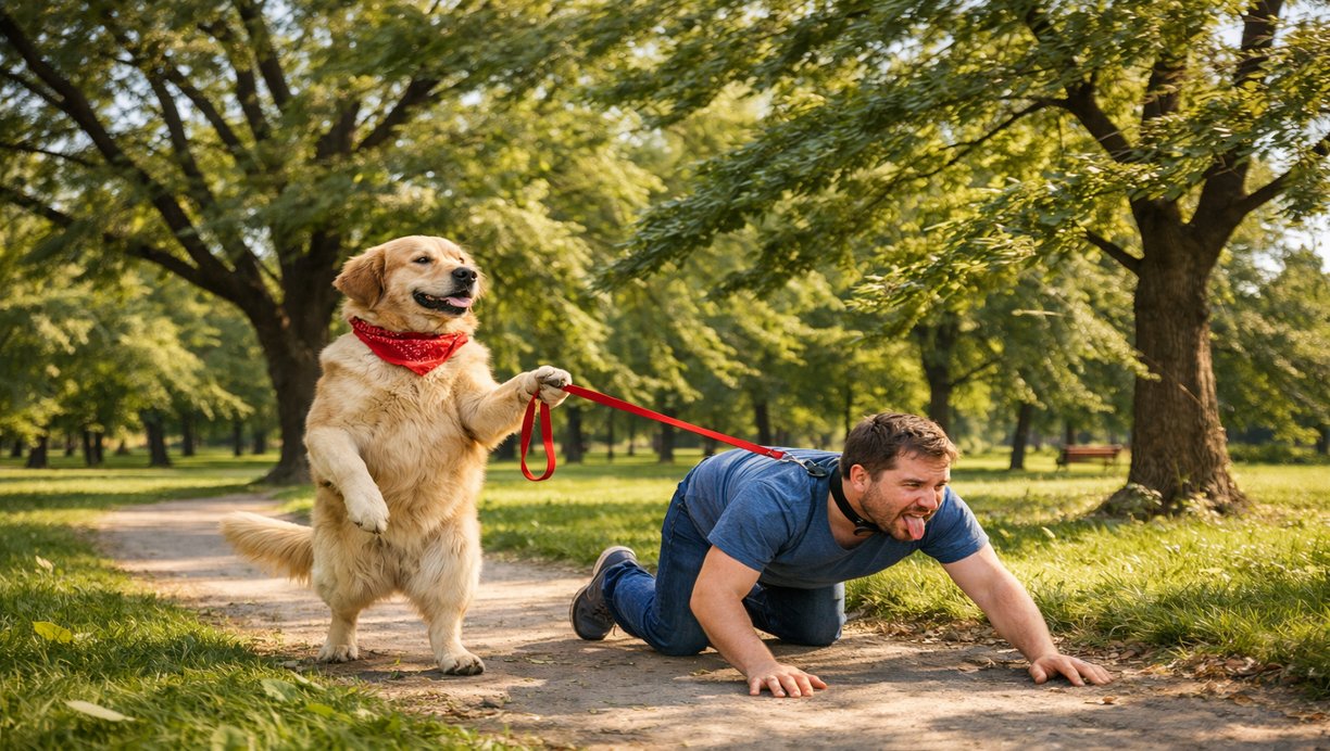 狗在风中摇曳的树林中带领人类穿越公园