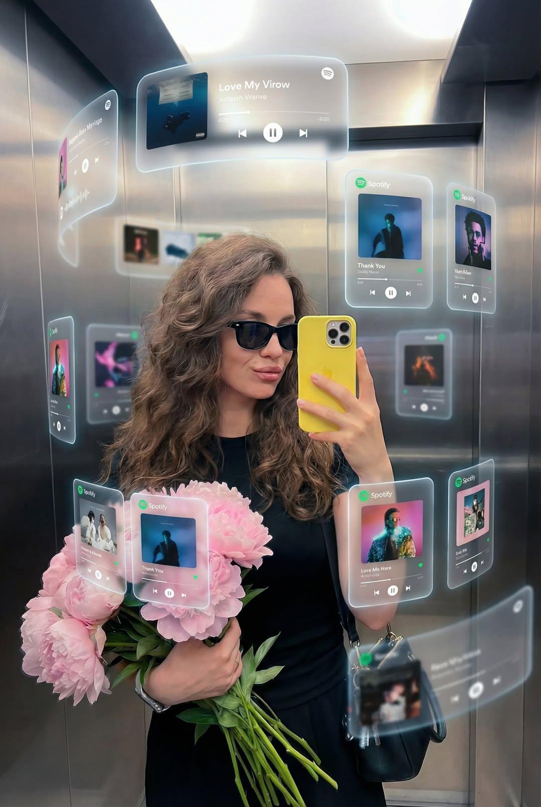 梦幻般的增强现实视觉，环绕主体人物的悬浮Spotify播放器界面卡片