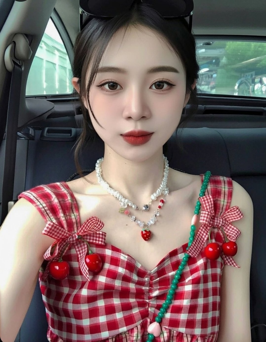 East Asian Woman Selfie in Car