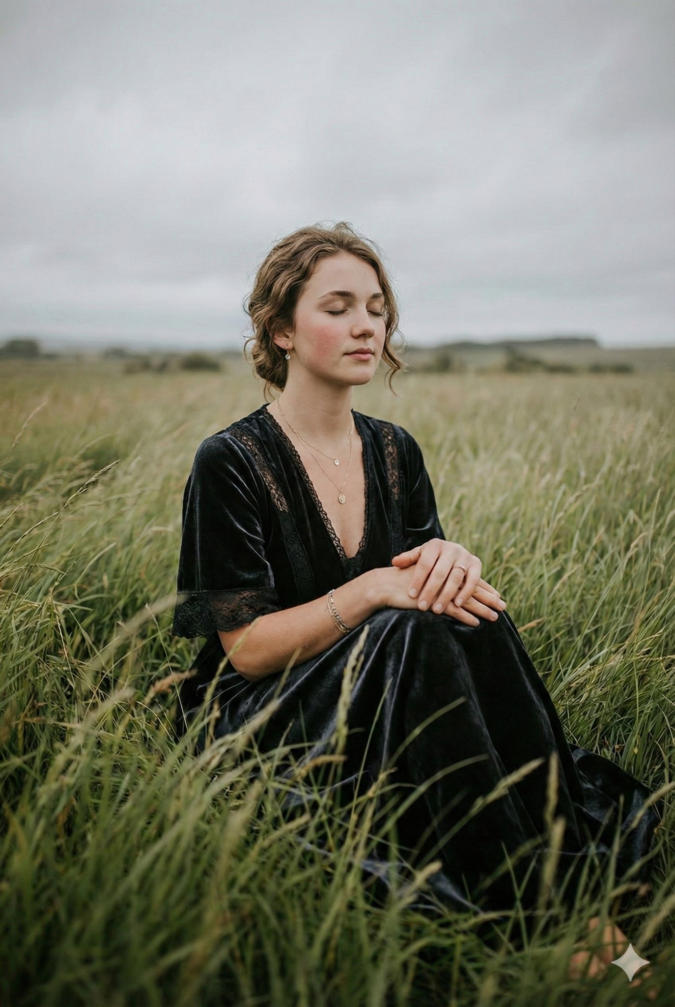 宁静的绿草地上优雅的西方女孩