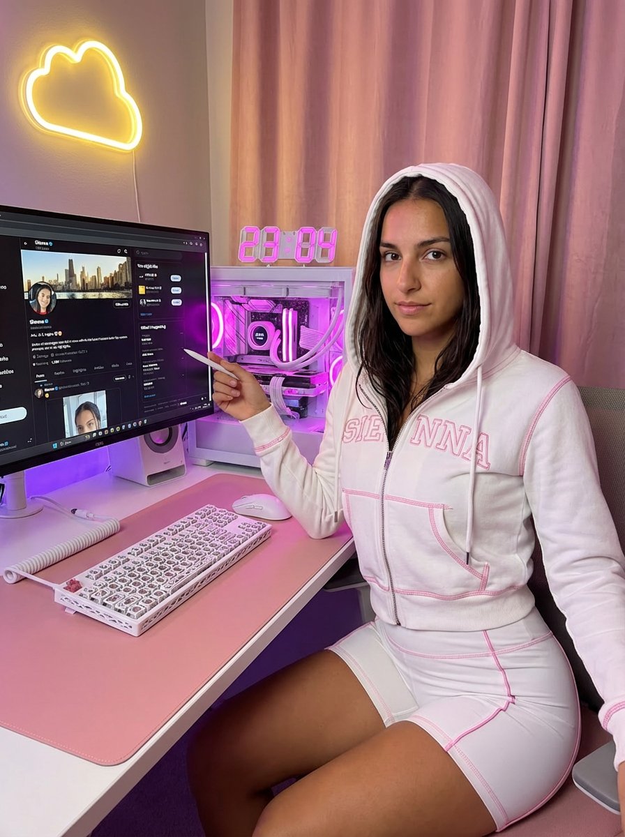 Gemini Nano Banana Pro - 女性坐在电脑桌前的中长距离摄影