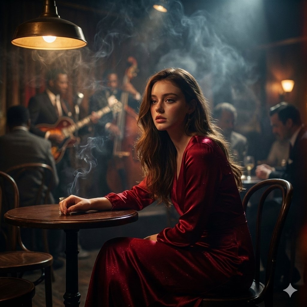 Google Gemini Nano Banana Pro - 暗调爵士俱乐部中穿着华丽丝绸长袍的美丽女性