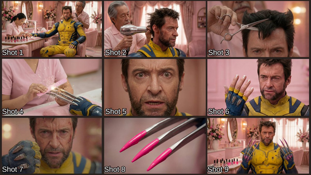 生成分镜头脚本： Hugh Jackman 饰演的金刚狼身穿黄色超级英雄服装，坐在粉红色的沙龙里同时接受美甲和足疗。