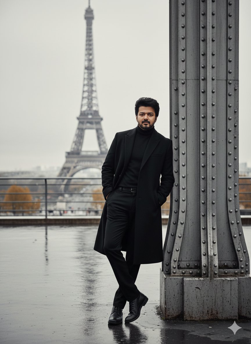 巴黎雨后工业柱旁的全景人像