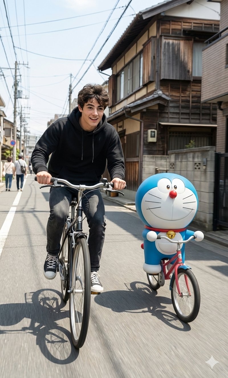 Gemini Nano Banana Pro - 日本风格街道上的自行车骑行场景