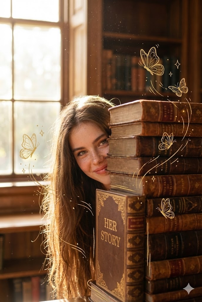 从复古书籍堆后偷看的[参考女性]超现实主义照片