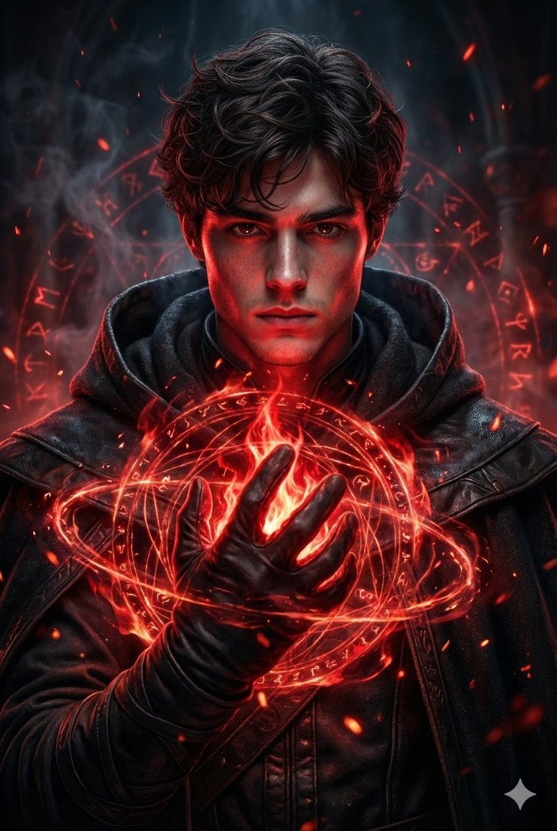 奇幻暗黑巫师施放红能法术的肖像