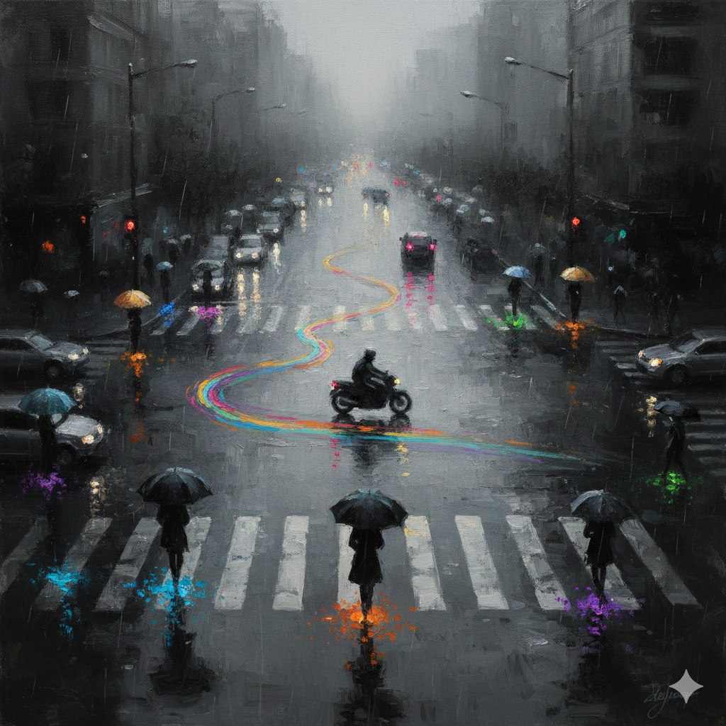 雨中都市交叉口印象派油画