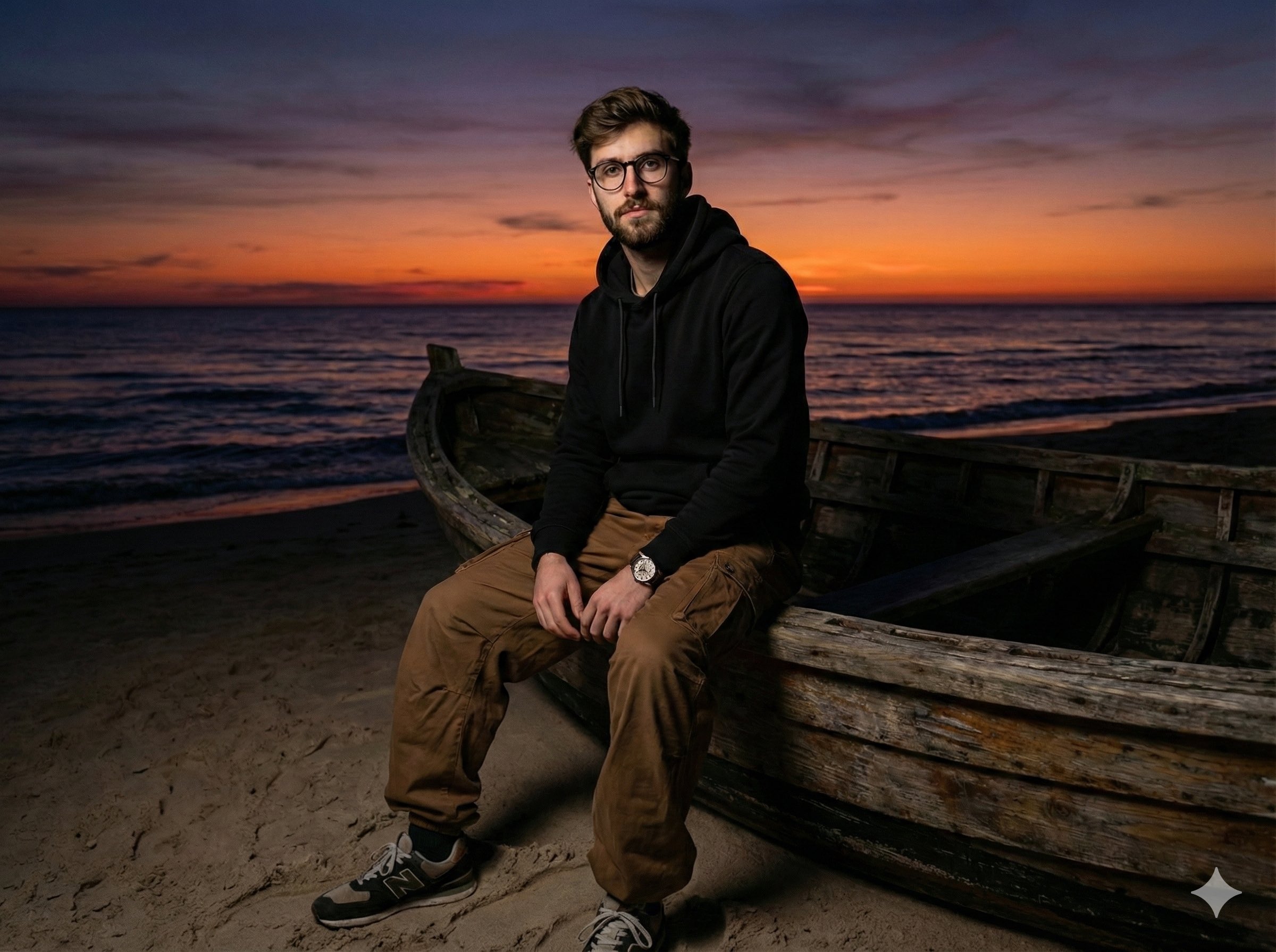 午夜沙滩上的孤独船夫