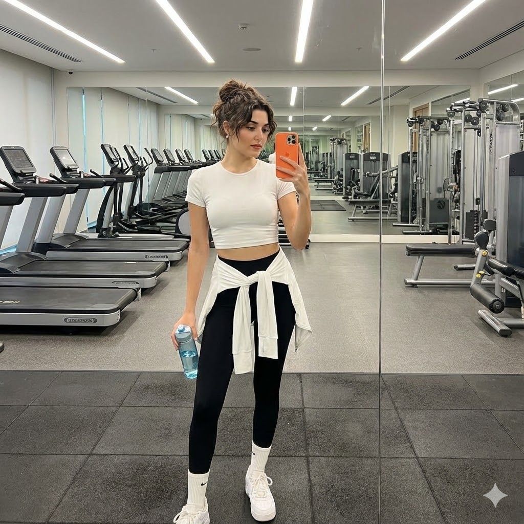 现代健身房中年轻女性的全身镜自拍