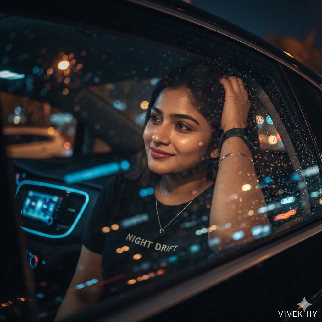 夜晚汽车内拍摄的电影感肖像