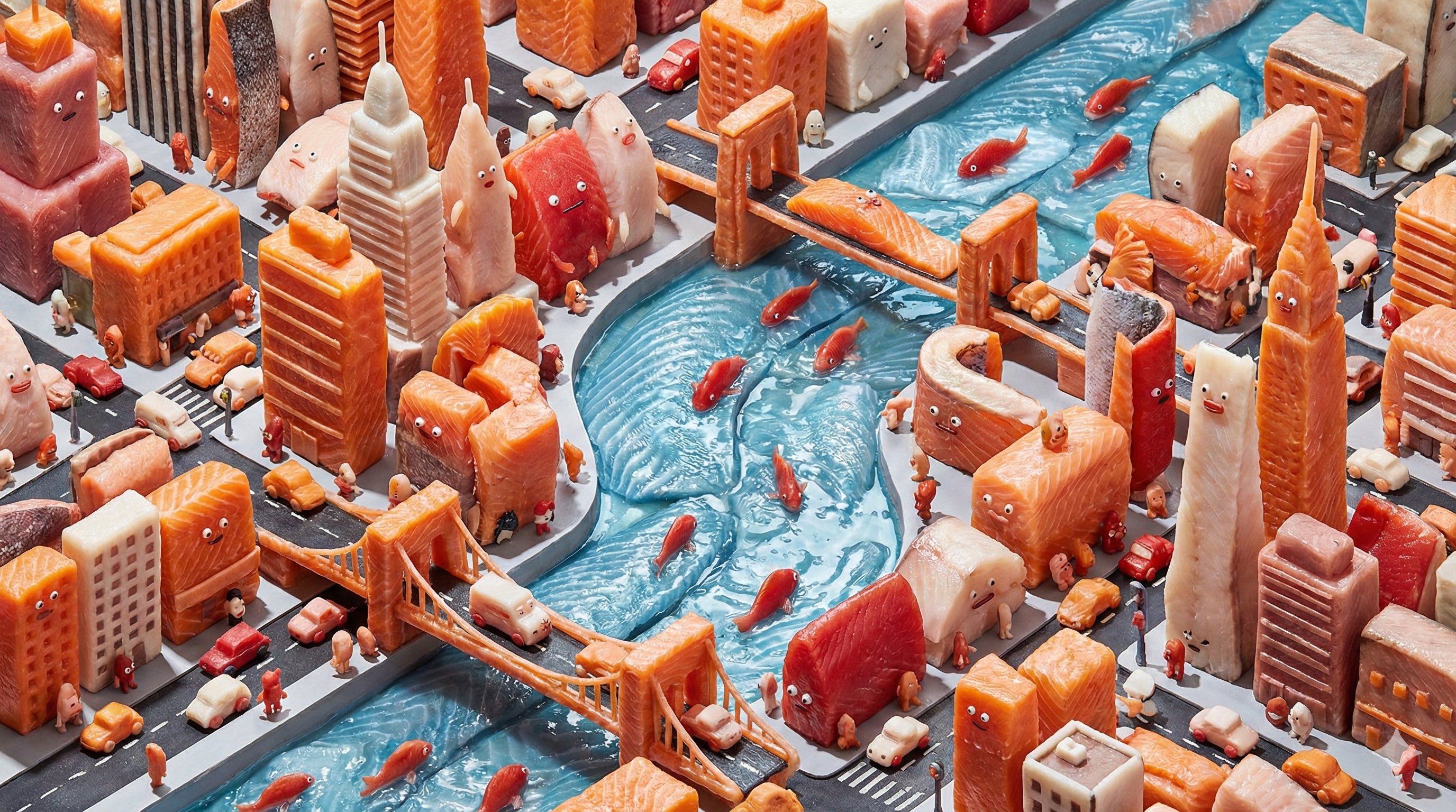 纽约河中三文鱼，河面也是三文鱼片，色彩斑斓的宇宙