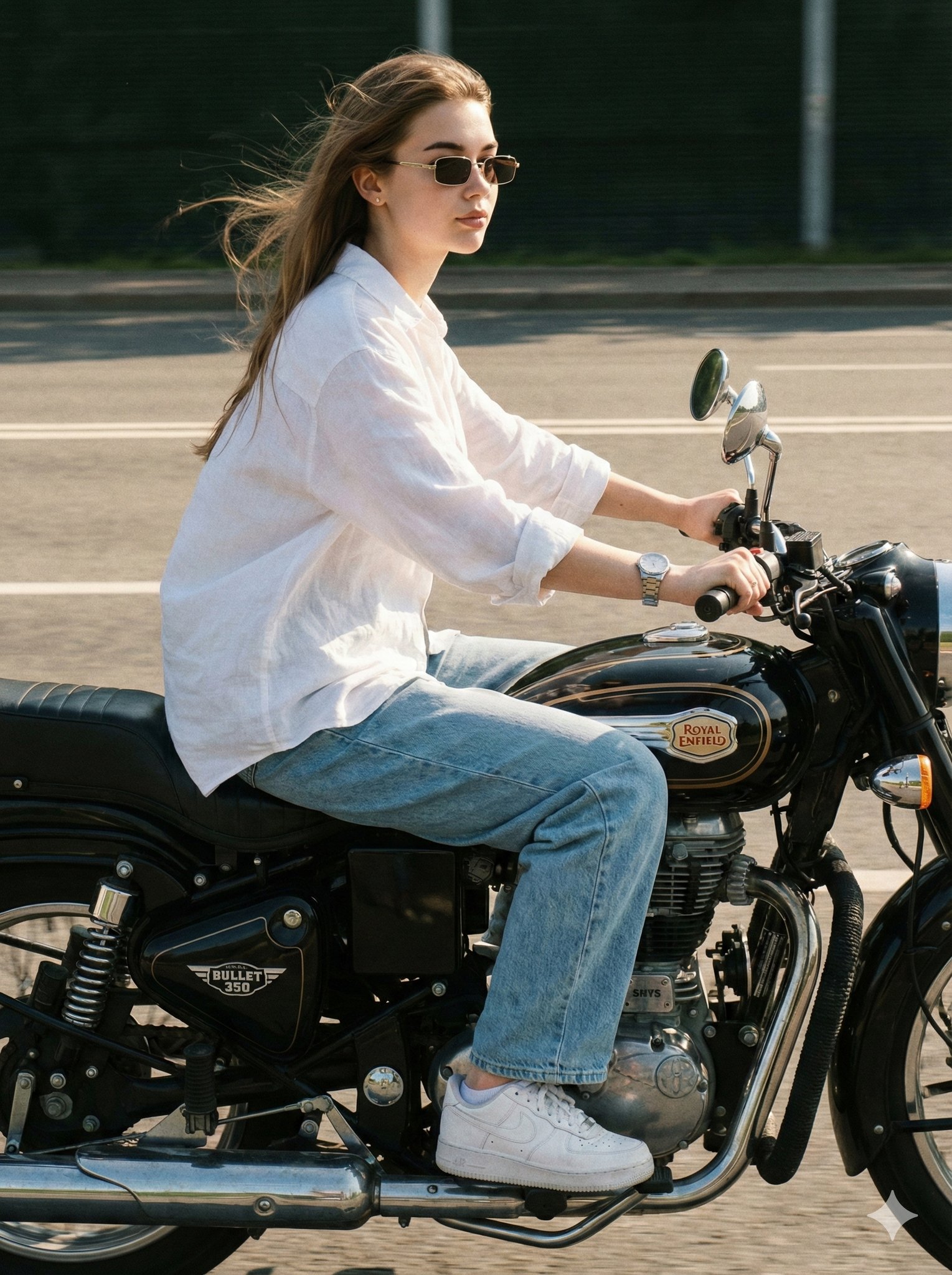 Photorealistic Young Woman Riding a Motorcycle