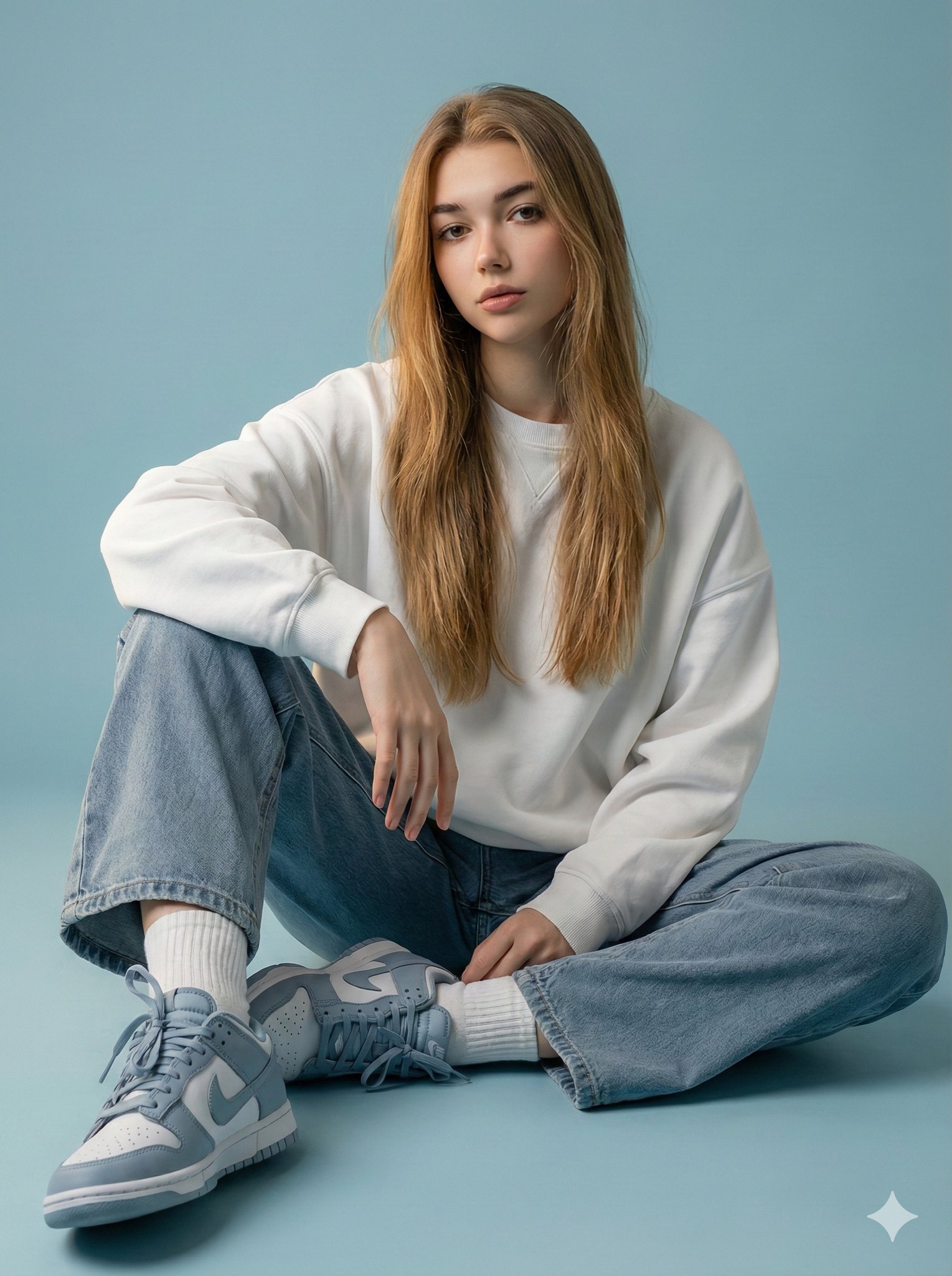 天空蓝布景时尚编辑女性坐姿图像
