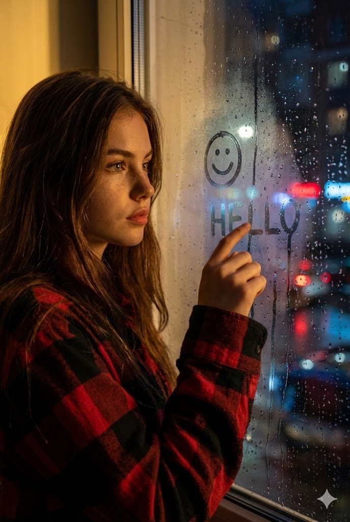 雨夜窗玻璃后微笑女性