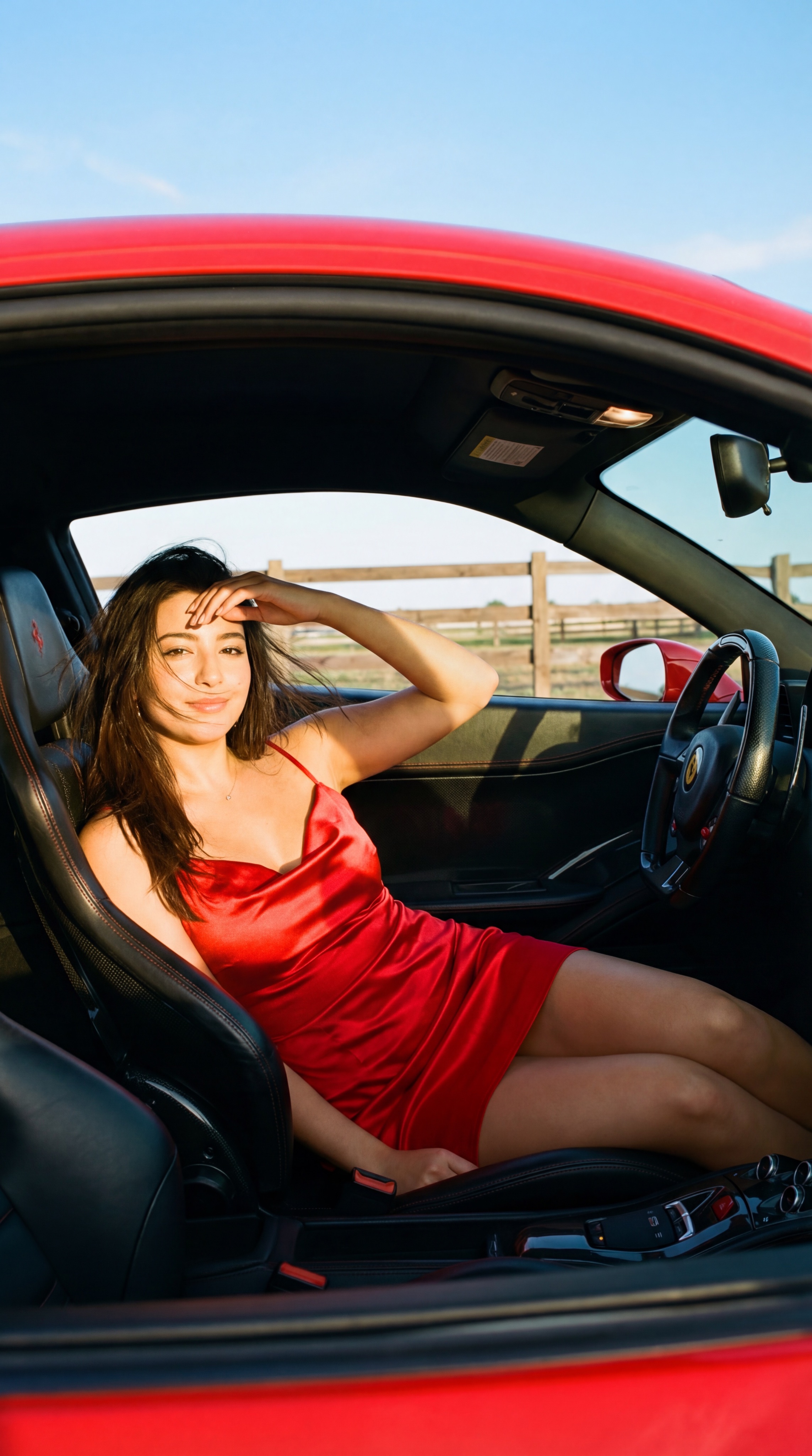 时尚女性在红色法拉利内悠闲时光