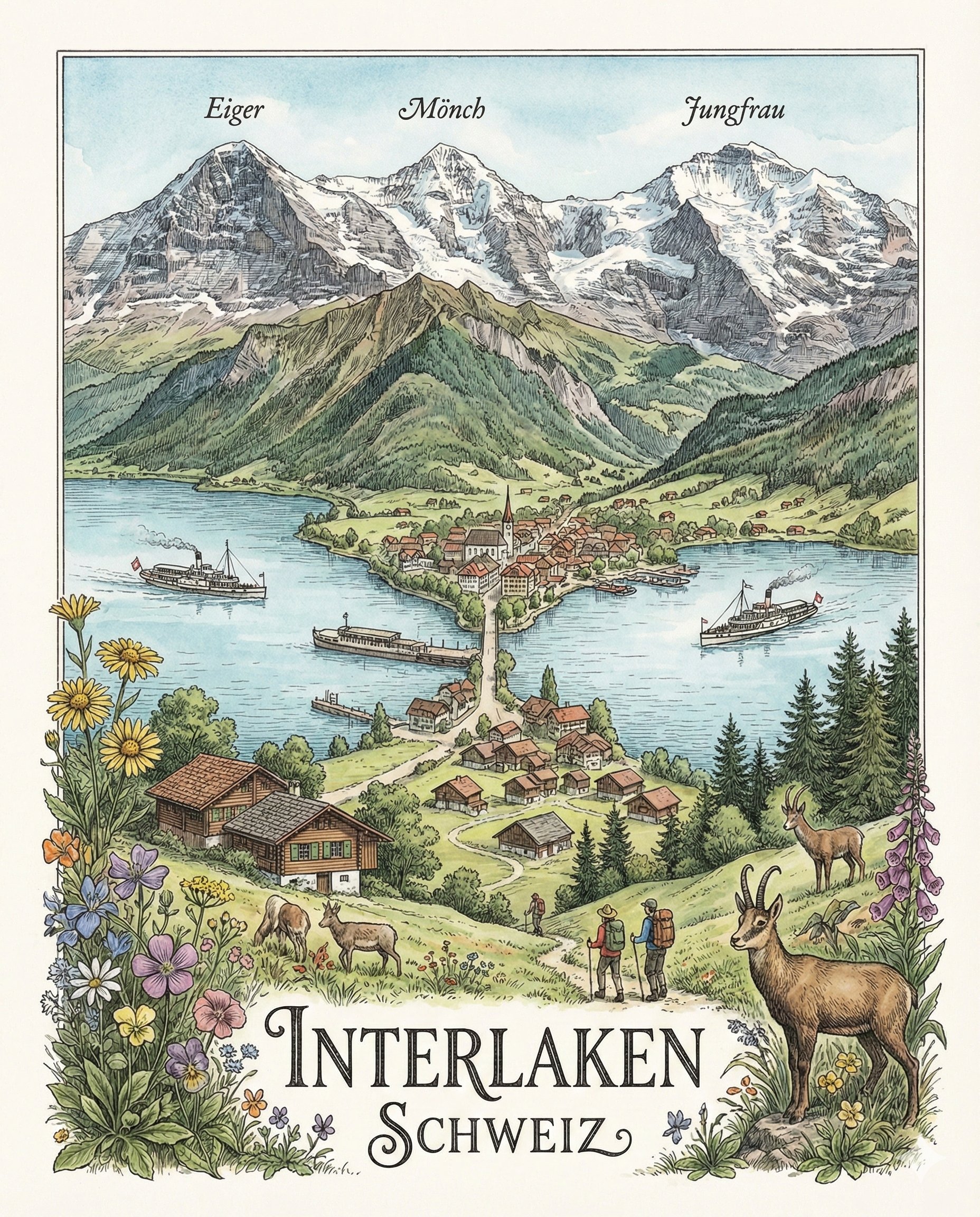 Swiss Interlaken Scenery Illustration