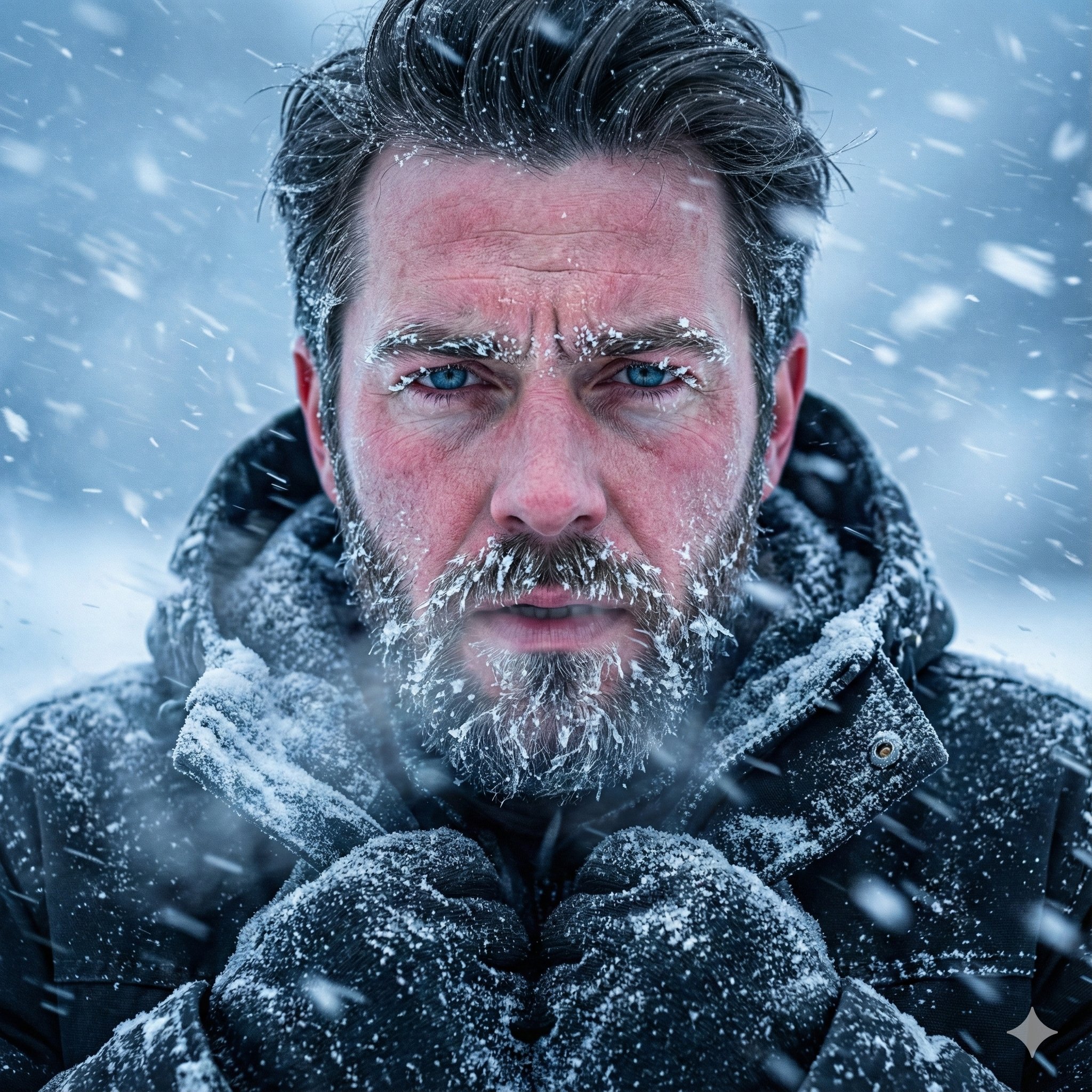 雪暴中的坚韧男子特写