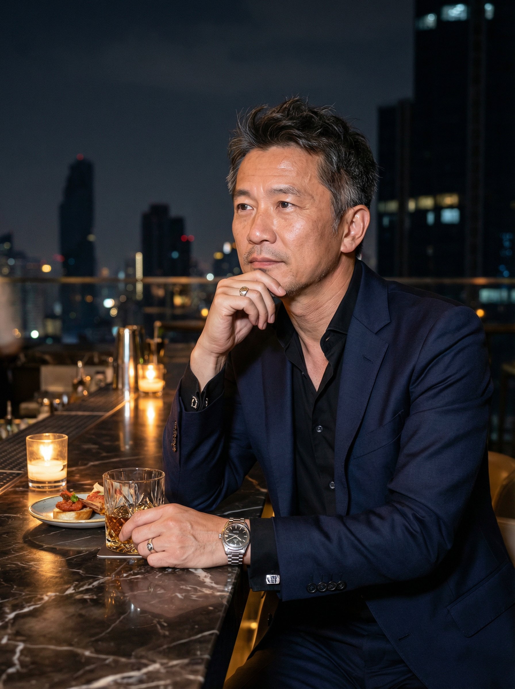 都市夜景下超写实男性编辑肖像