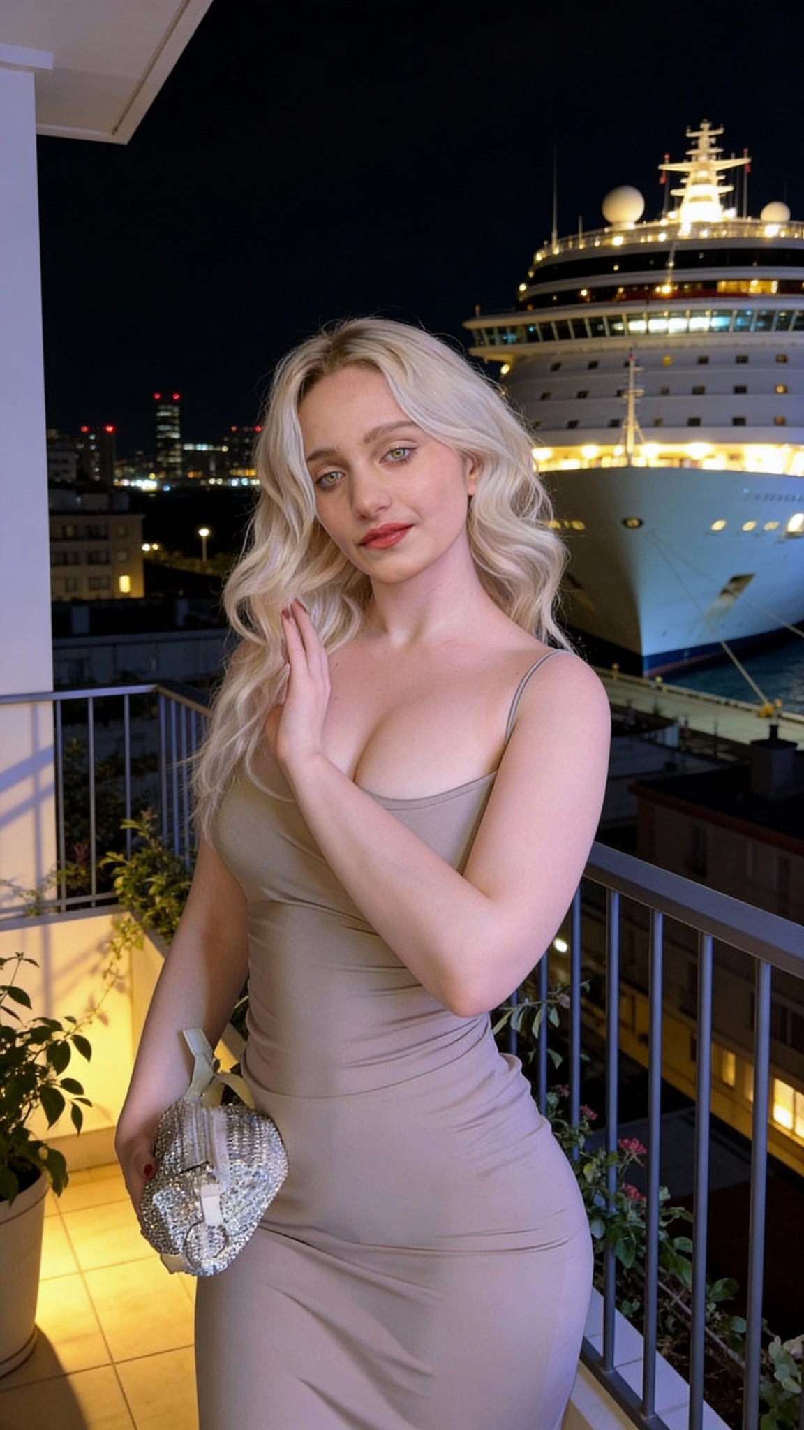 现代阳台夜景中优雅女性的超写实肖像