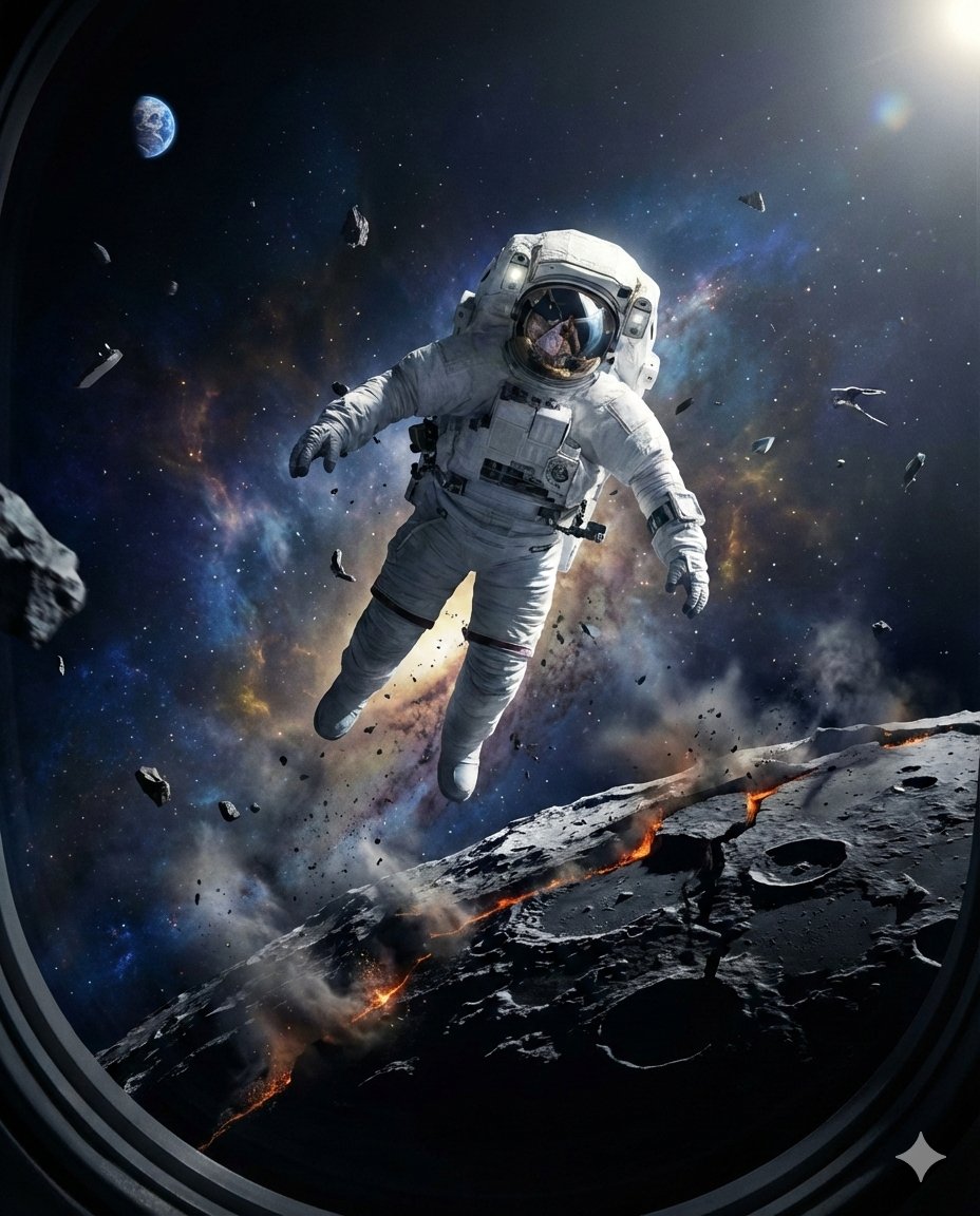 月球表面破碎，宇航员漂浮其上的超真实画面