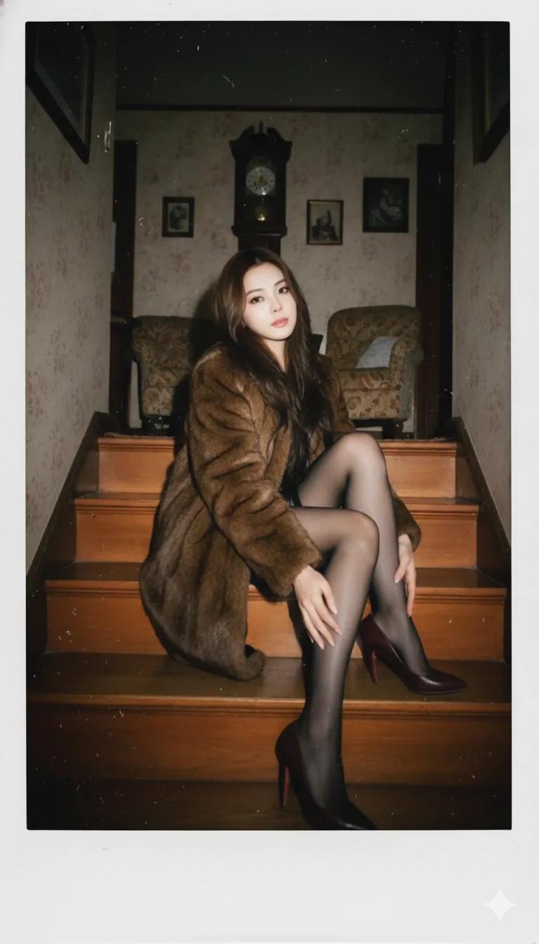 复古房屋楼梯旁的棕色长毛外套女子
