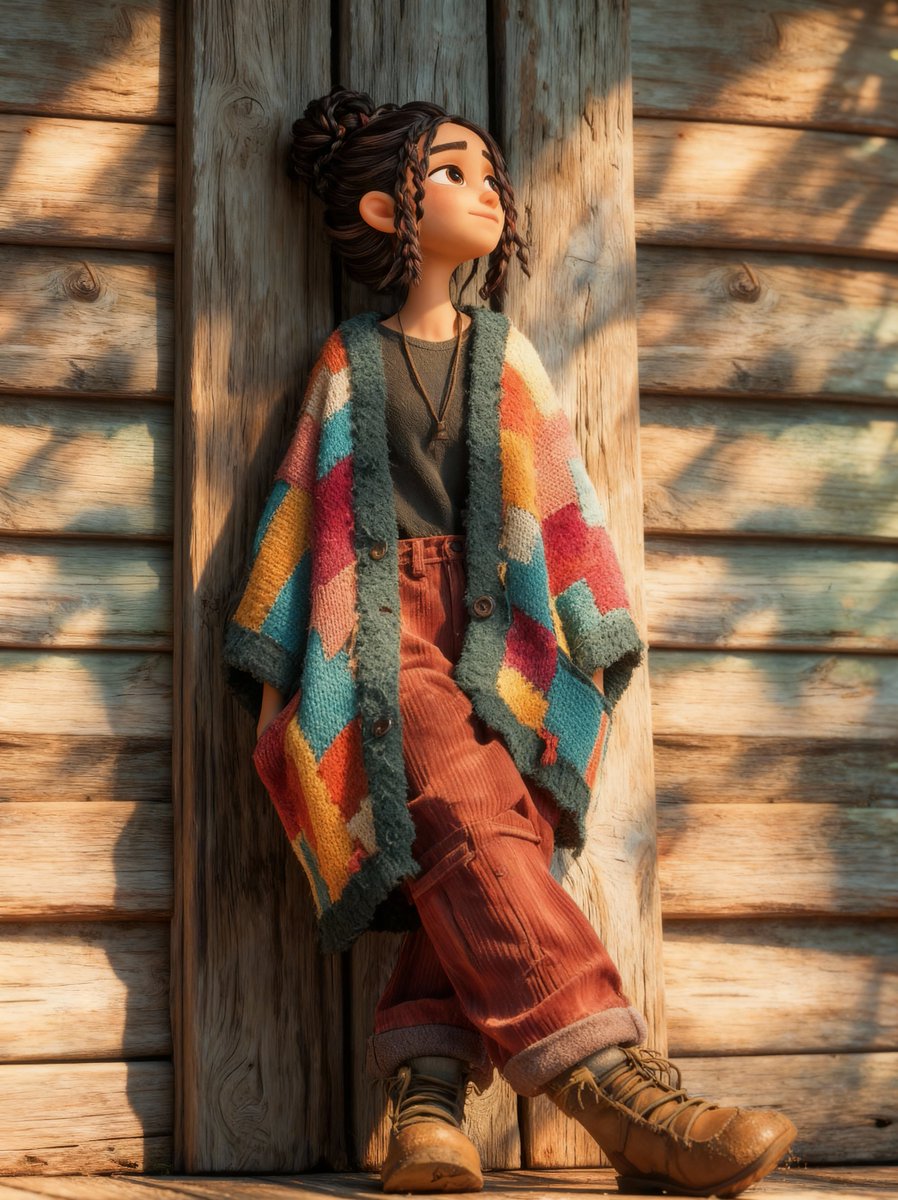 温馨皮克斯风格的3D插画，年轻女孩靠在木质墙上