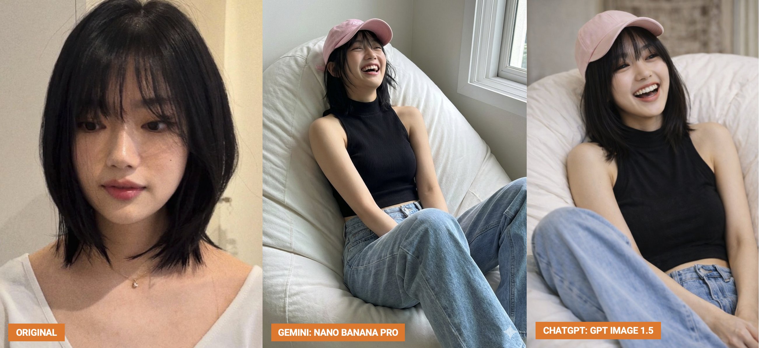 女性坐在白色豆袋上大笑